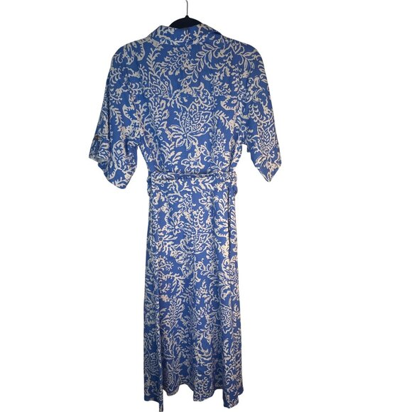 ZARA Large Blue & White Floral Belted Button-Down Midi Dress L Linen Blend Moroc - Picture 13 of 16